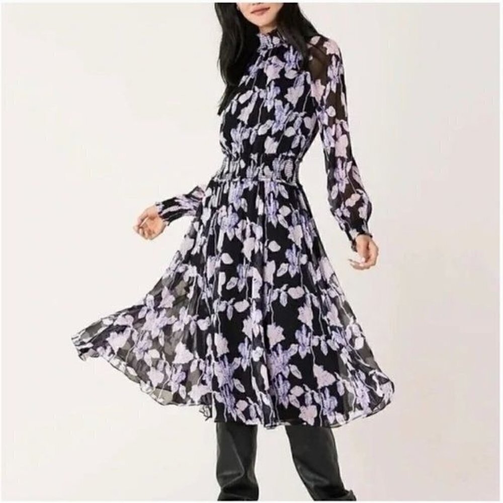 OPT purple floral chiffon long sleeve midi dress size S